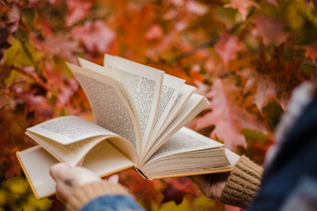 Person holding a book amidst autumn leaves